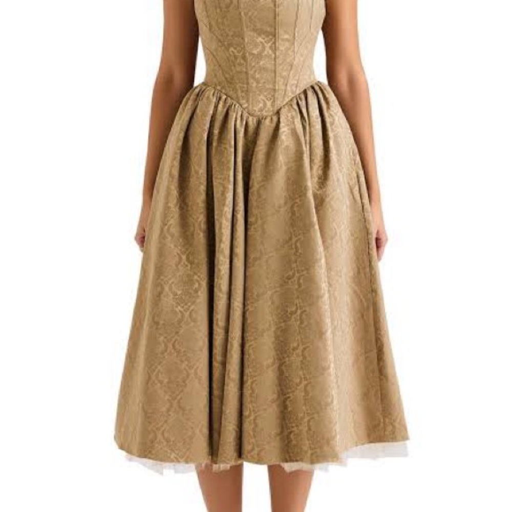 House of CB Brown Midi Dress Ruffle Sleeves xs Alessandra corset jacquard gold - Picture 7 of 12